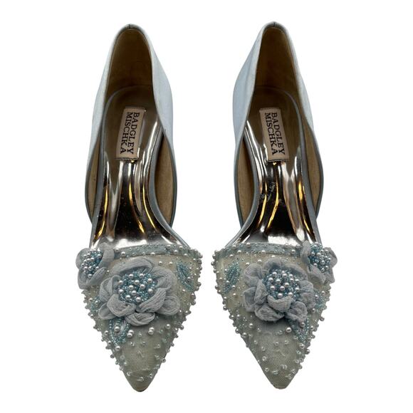 Badgley Mischka Satin Flower Mesh Beaded Embellished d'Orsay Pumps Light Blue 6 - Picture 2 of 9